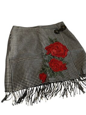 Houndstooth Mini Skirt with Red Rose Embroidery